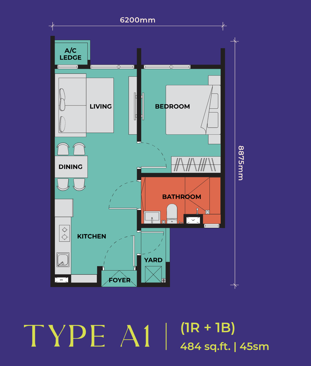 Type A1 · 1R+1B · 484 sqft · RM446,400 (RM922 psf) — The Vividz @ Bukit Jalil