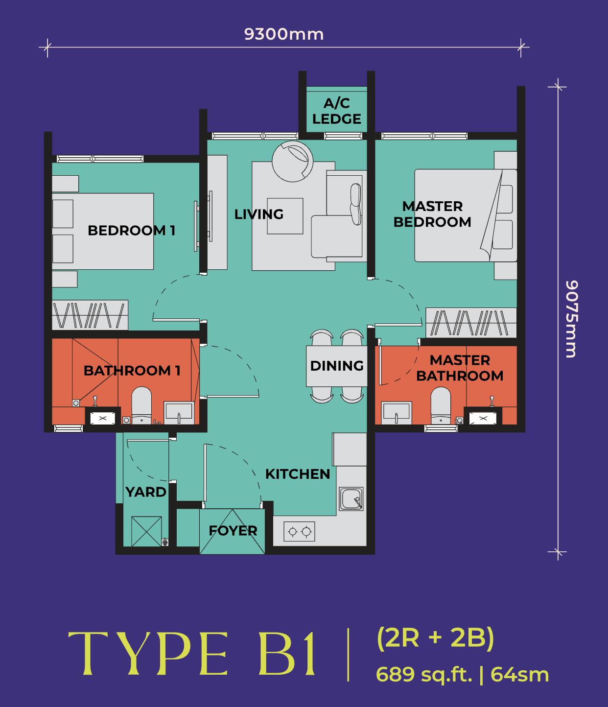 Type B1 · 2R+2B · 689 sqft · RM643,000 (RM933 psf) — The Vividz @ Bukit Jalil