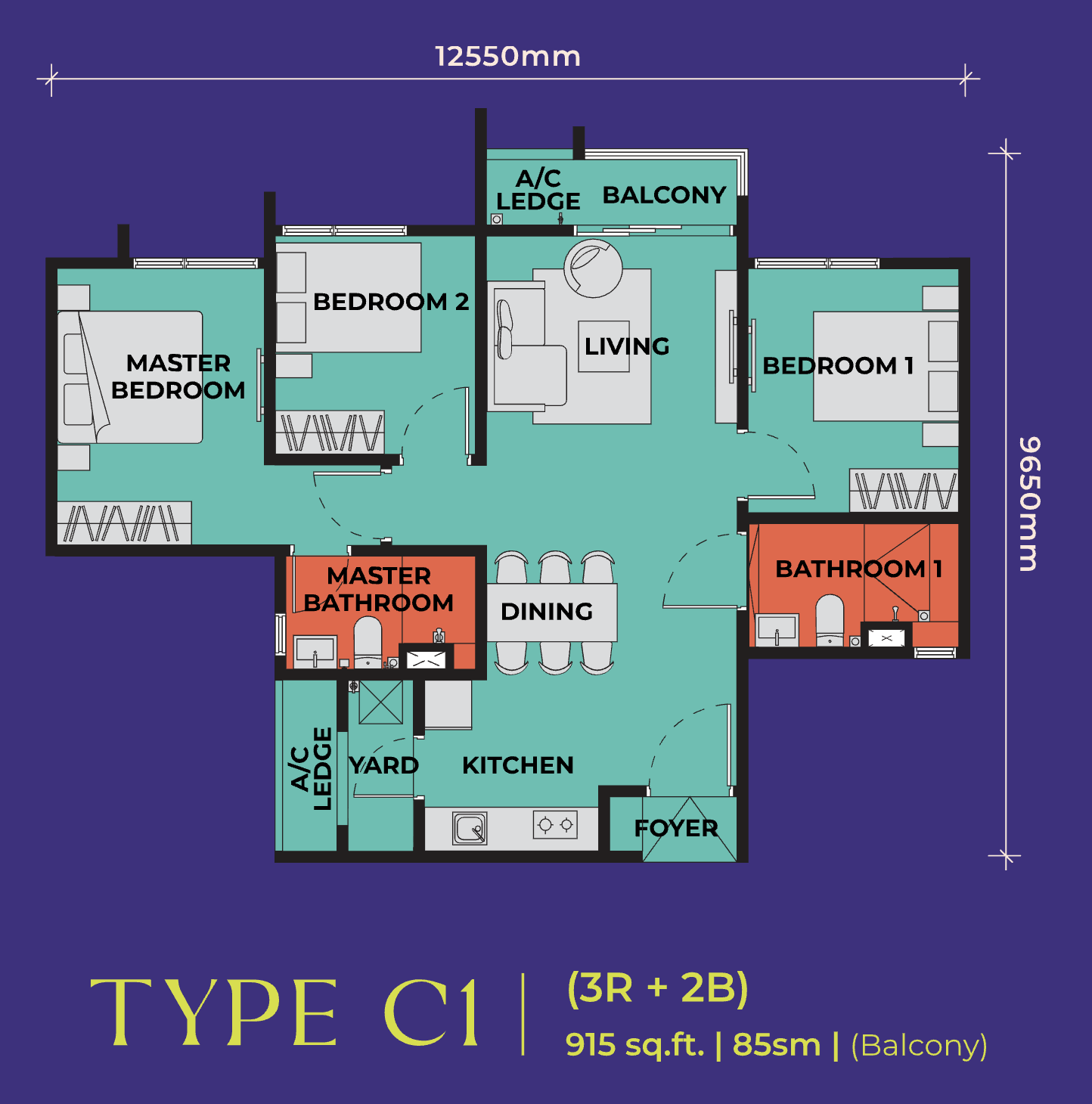 Type C1 · 3R+2B · 915 sqft (Balcony) · RM769,000 (RM840 psf) — The Vividz @ Bukit Jalil