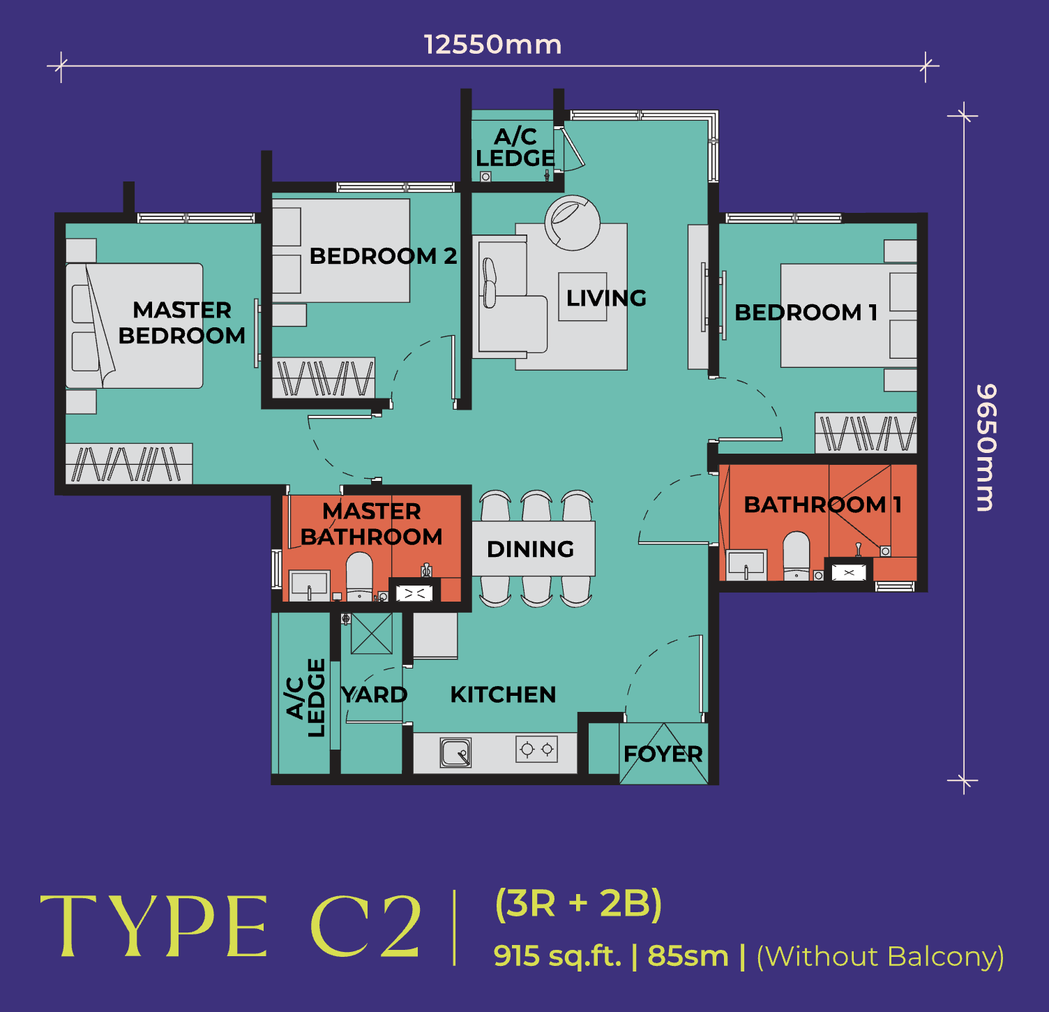 Type C2 · 3R+2B · 915 sqft (No Balcony) · RM769,000 (RM840 psf) — The Vividz @ Bukit Jalil